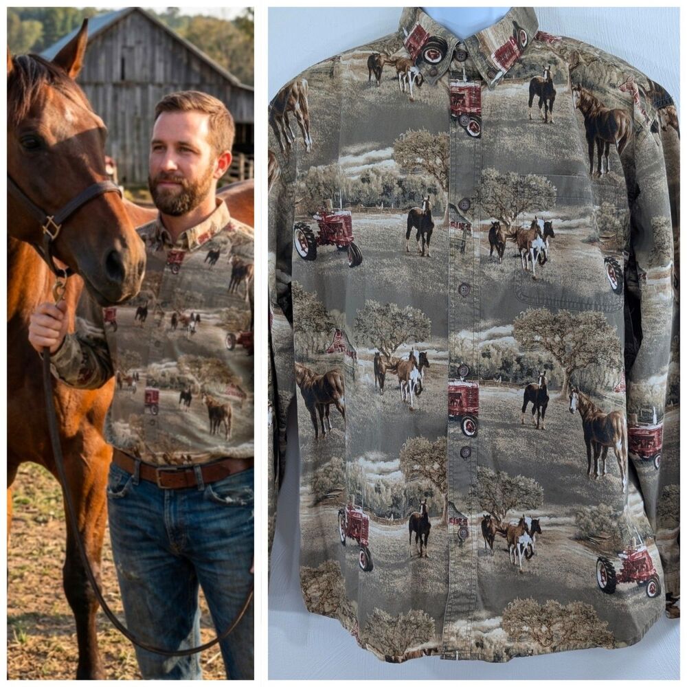 Bit And Bridle Mens XL Button Down Shirt Western Horses Tractor Print